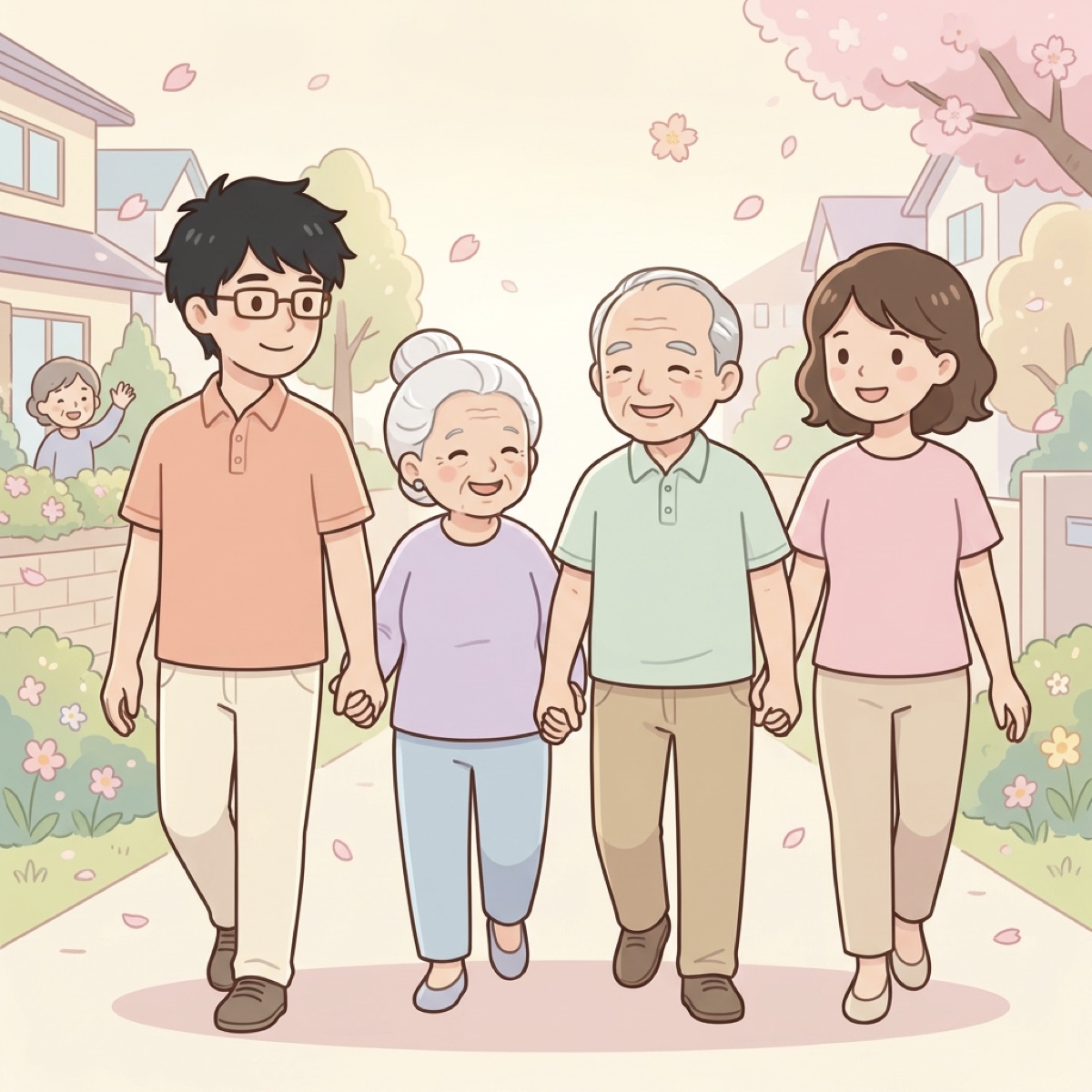 介護士と入居者さまが地域を散歩する様子